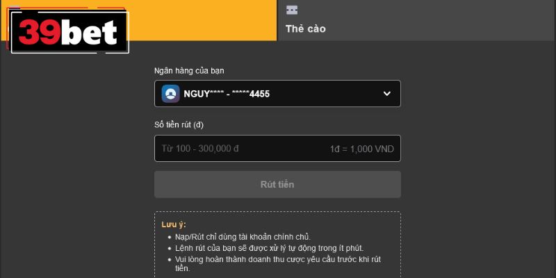 Điền thông tin rút tiền 39BET chính xác