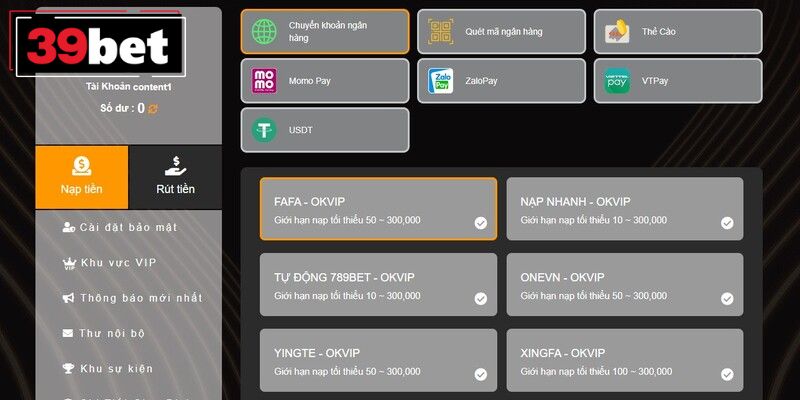 Hướng dẫn chi tiết từng bước nạp tiền 39BET